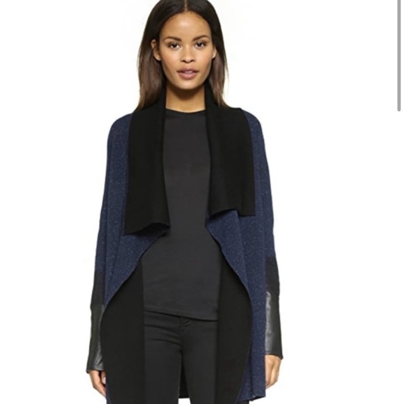 Vince Sweaters - Vince XL Blue and Black Shawl Collar Sweater with Leather sleeve cuff.